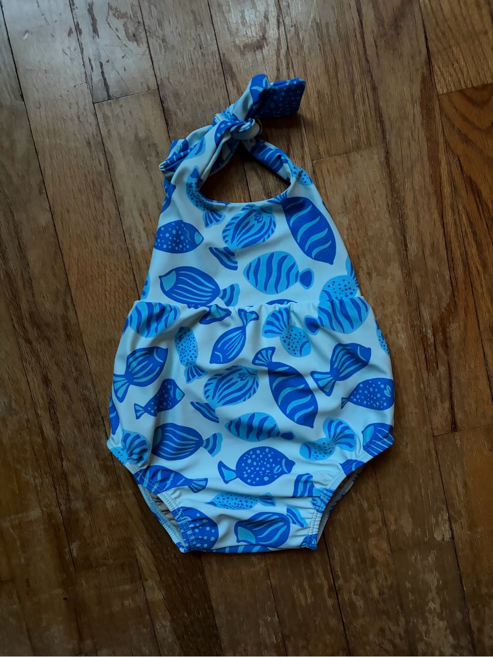 Kortni Jeane Blue and White Fish Print Kids One-Piece Swimsuit